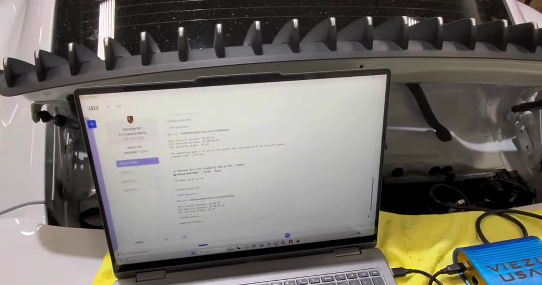 Laptop running Autotuner software during a bench read of a 2022 Porsche 911 Turbo S