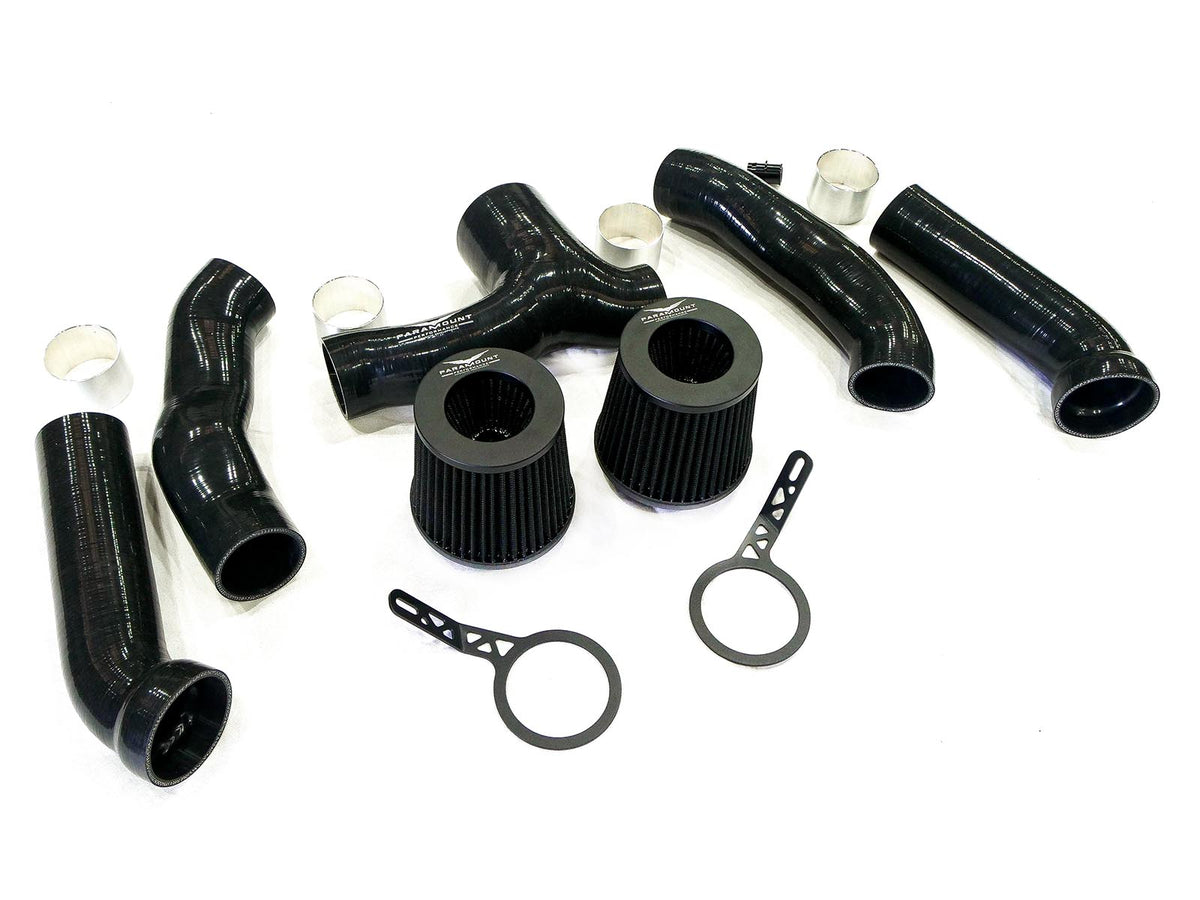 Complete Jaguar F-Type cold air induction kit contents with hoses, filters and brackets