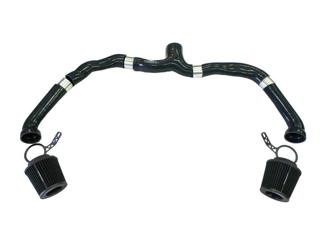 Assembled Jaguar F-Type cold air induction system with twin filters