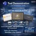 Promotional graphic for a scheduled live demo with VIEZU USA for a tuning tool on Microsoft Teams. The image features three physical tuning tools (Autotuner, Alientech KESS 3, and Flex) arranged on a dark blue background with text overlays detailing the live session features.