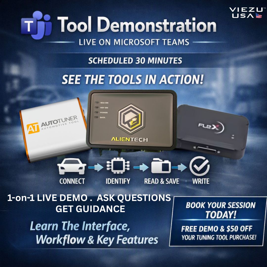 Promotional graphic for a scheduled live demo with VIEZU USA for a tuning tool on Microsoft Teams. The image features three physical tuning tools (Autotuner, Alientech KESS 3, and Flex) arranged on a dark blue background with text overlays detailing the live session features.