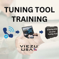Tuning Tool Training product graphic showing a three-step process: a connected phone call, online registration on a laptop, and step-by-step training on your tuning tool — with the Viezu USA logo and US flag.