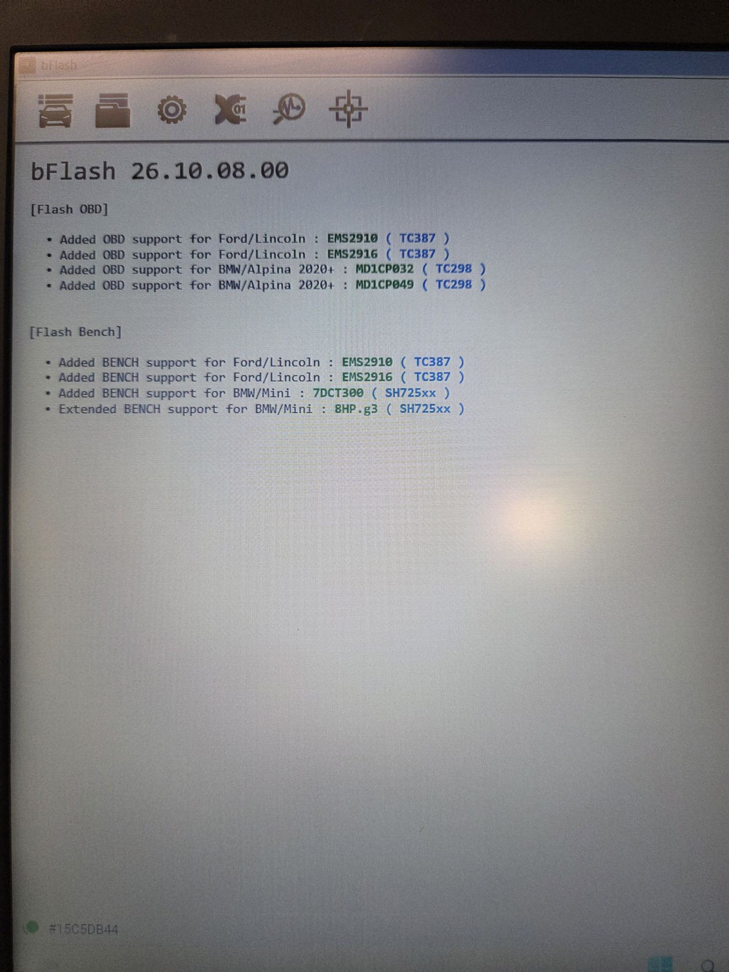 bFlash software version 26.10.08.00 release notes showing new OBD and bench ECU support
